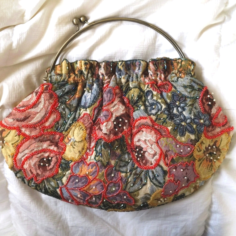 Ross Simons Handbag Flower beaded tapestry  kisslock  purse NEW vintage style